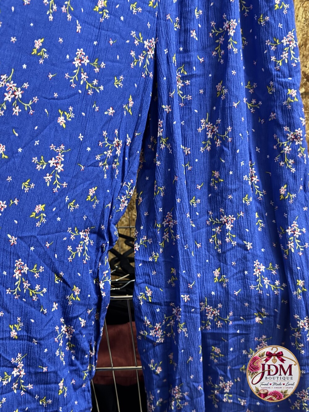 Blue Floral Print Crinkle Texture Dress Spaghetti Strap Lightweight size Small